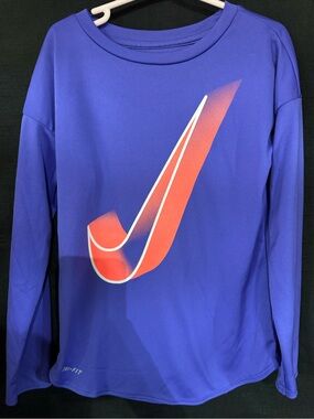 Nike Kids Long Sleeve Tee in Royal Blue with Red/Orange Swoosh
